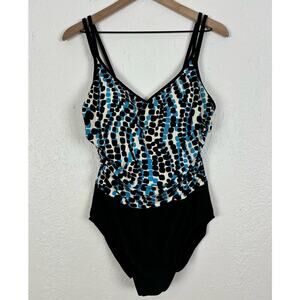 Miraclesuit Black/ Blue Dot V-Neck Double Strap One Piece Swimsuit Size 16